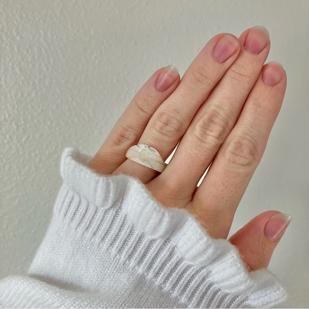 White Carved Mother of Pearl Ring Band “Gaia” Taiwan Chunky Earthy Eclectic Neut - Picture 2 of 13